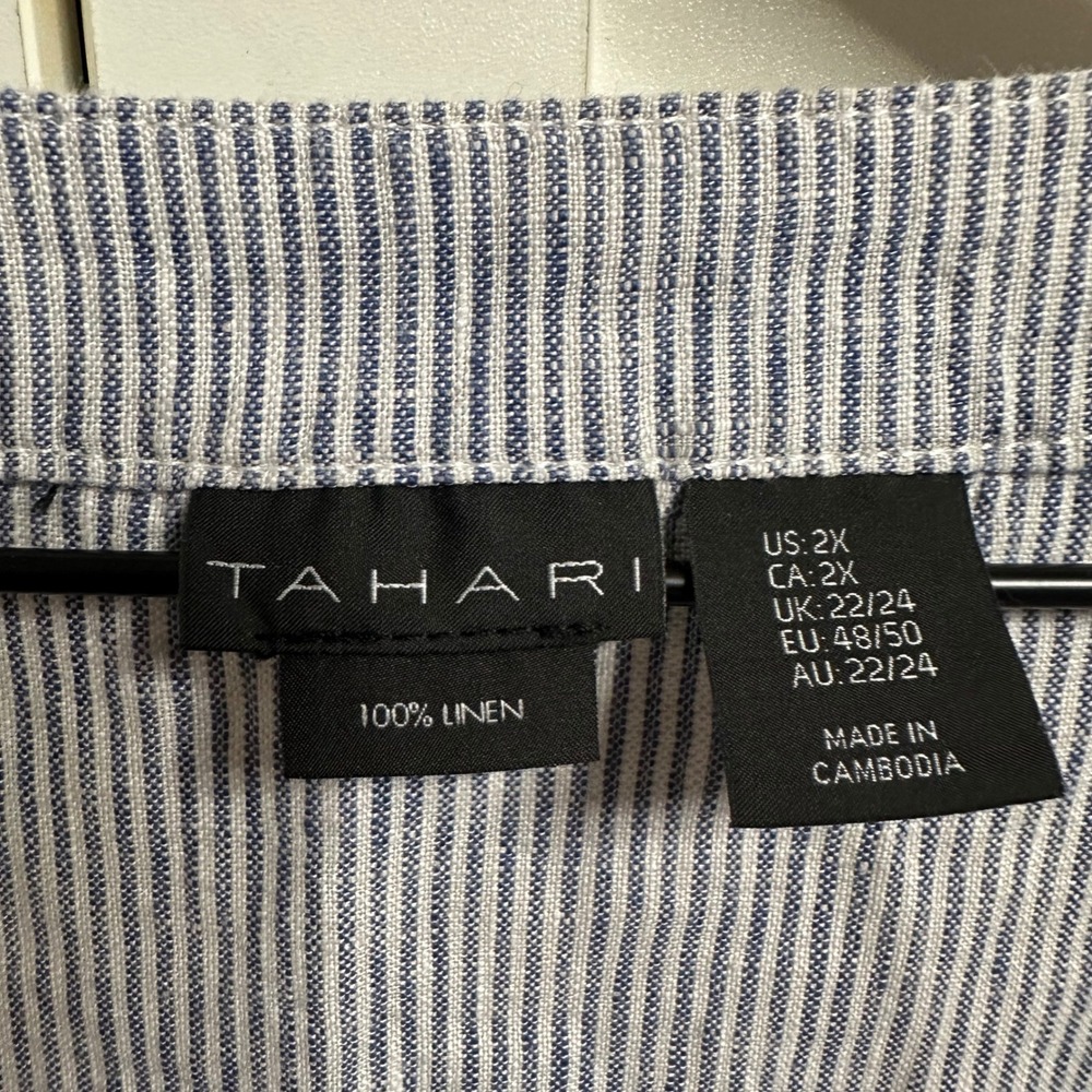 Tahari Linen Shift Dress Women 2X Blue White Striped V-Neck Short Sleeve Coastal - Picture 3 of 11